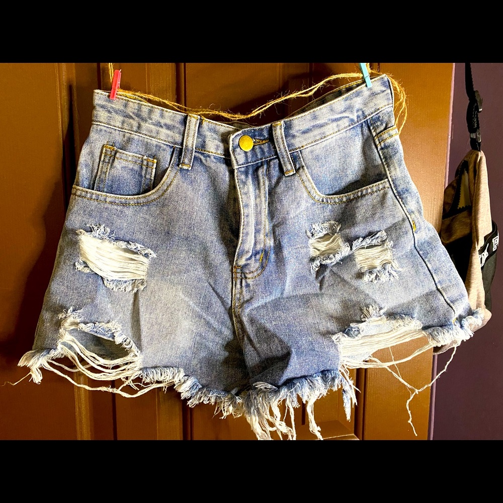 High Waist Denim Distressed Shorts
